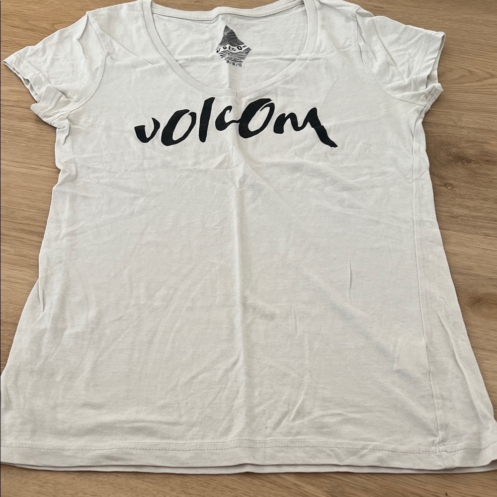 Volcom White V-Neck Logo Tee with Black Script